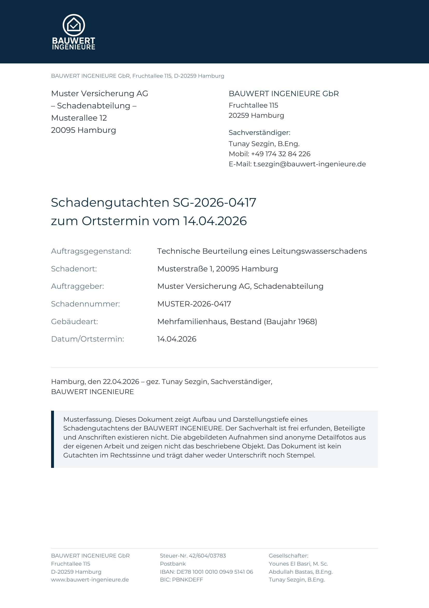 Seite 1: Deckblatt mit Objekt, Auftraggeber und Schadennummer