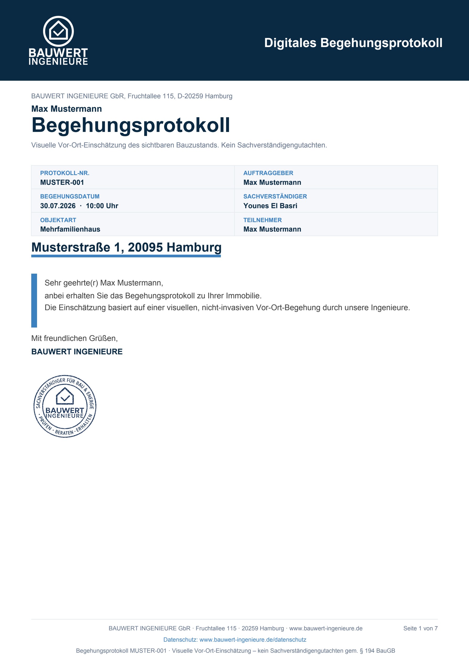 Seite 1: Deckblatt mit Protokollnummer, Objektart und Begehungsdatum